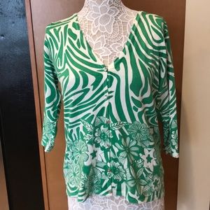 Dennis Basso white and green print sweater